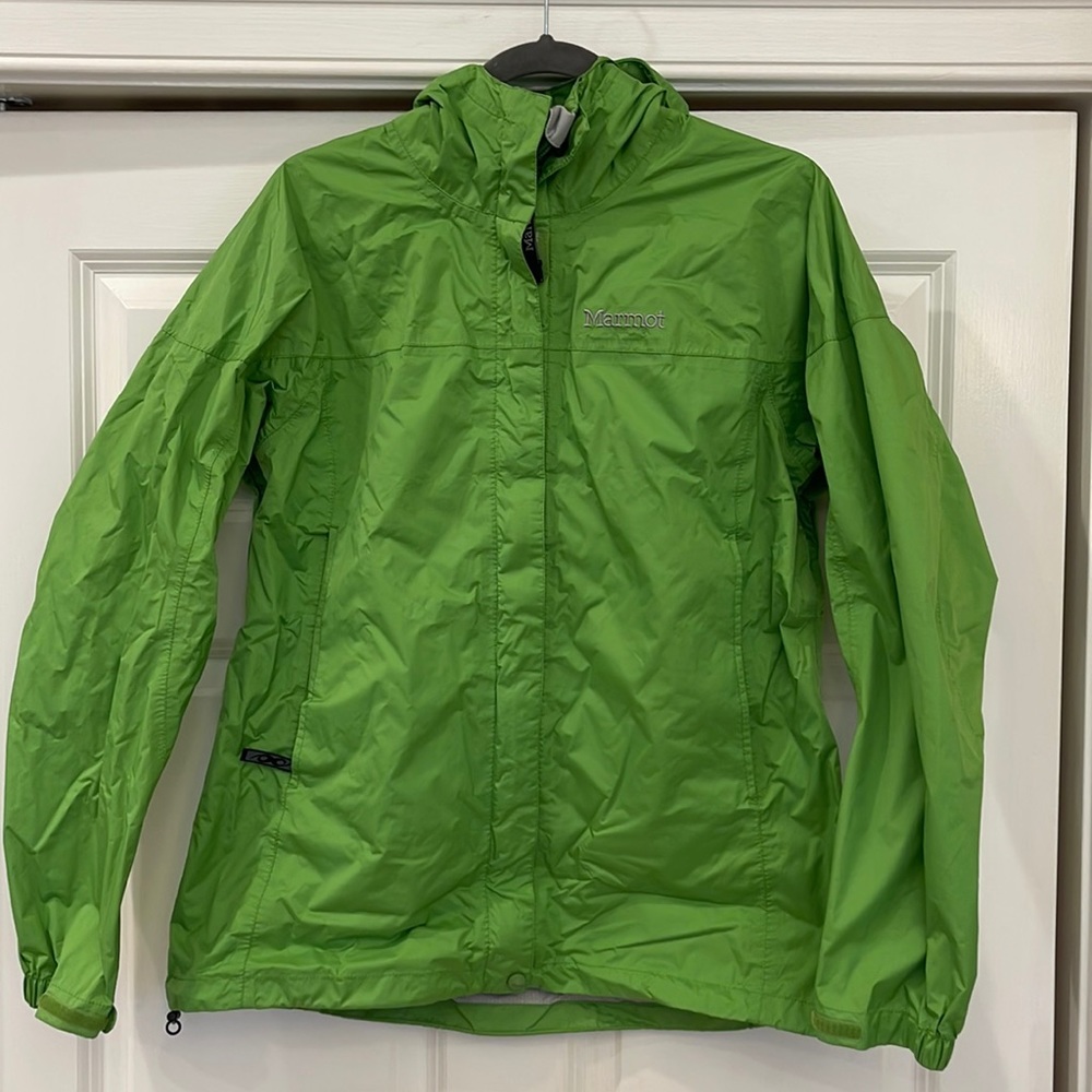 MARMOT Rain jacket/Windbreaker w/attached hood, size XL, bright green